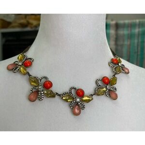 Floral Statement Bib Necklace Antique Brass Tone Coral Yellow Pink Stones